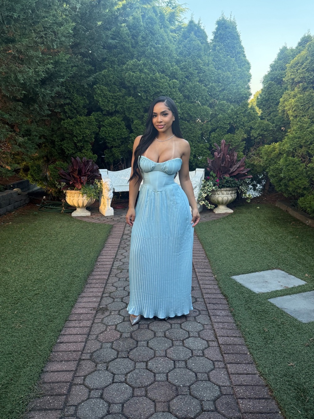 Light Blue Pleated Strapless Maxi Dress - Women